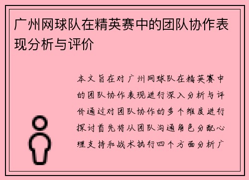 广州网球队在精英赛中的团队协作表现分析与评价